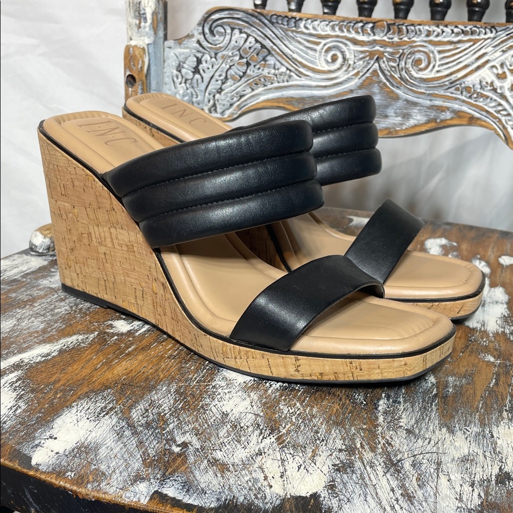 INC International Concepts Black Cork Wedge Slide Tabia Platform Sandals, 9.5**